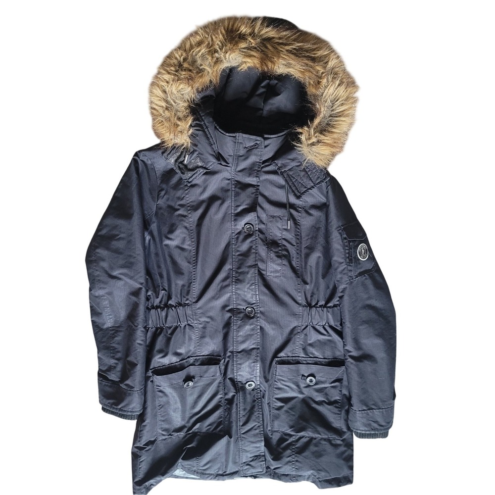 Abercrombie & Fitch Womens L Arctic Parka Black‎ Faux Fur Hood Ripstop Coat